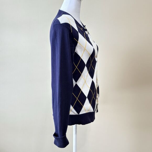 Lands End Sweater Women’s Sm 6-8 Blue White Argyle Cardigan 100% Supima Cotton - Picture 2 of 8